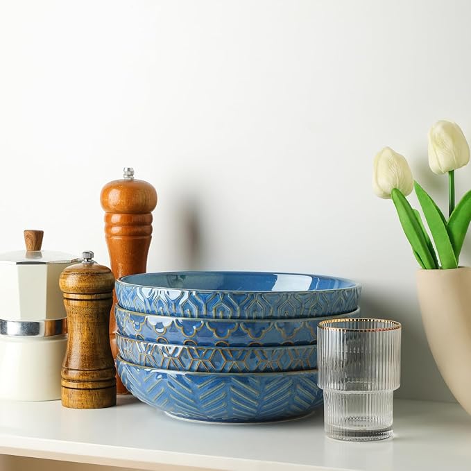Sureasy Pasta Bowls Set of 4-30oz Large Embossed Serving Bowl Plates, 8.5 Inch Wide and Shallow Plate Bowls, Microwave, Oven & Dishwasher Safe, Blue