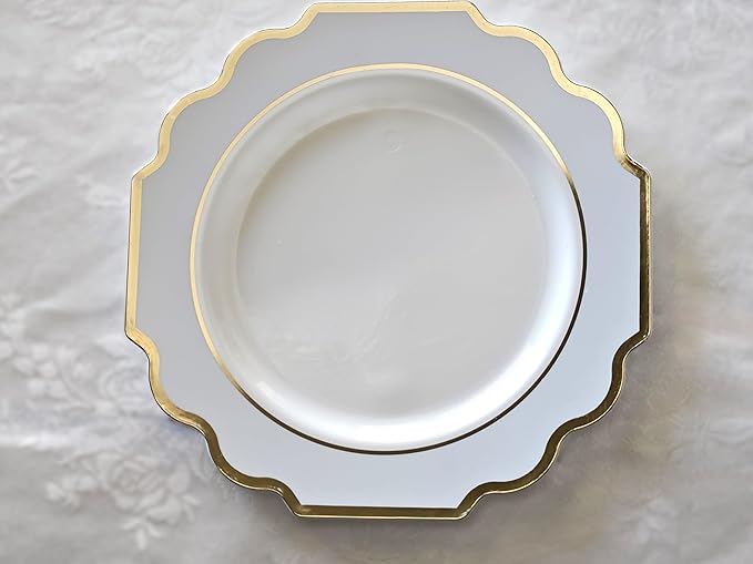 " OCCASIONS " 50 Plates Pack (25 Guests)-Heavyweight Wedding Party Disposable Plastic Plate Set -(25x10.5'' Dinner + 25x8'' Salad/dessert (Imperial in White/Blue & Gold)