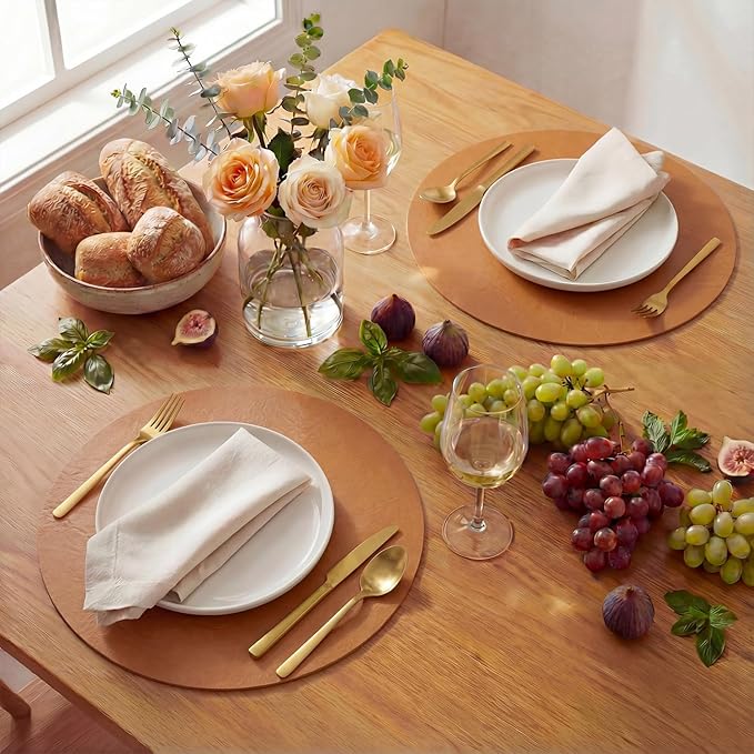 Artoid Mode Rust Faux Leather Placemats Set of 4, 15 Inch Waterproof Wipeable Heat Resistant Vinyl Place Mats, Reversible Table Mats for Fall Kitchen Dining Decor