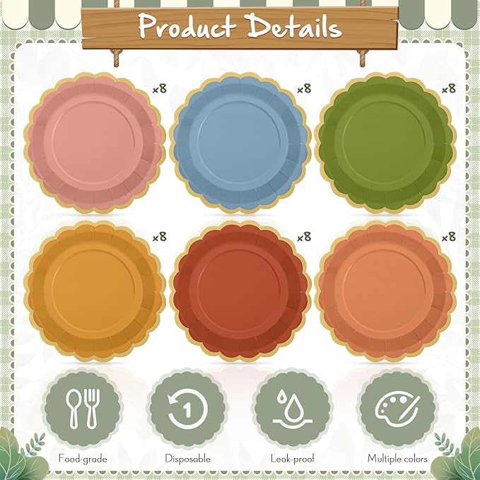 48 Pcs Fall Wildflower Color Paper Plates 9 Inch Colorful Boho Scalloped Paper Disposable Dinner Dessert Plates for Autumn Thanksgiving Birthday Wedding Bridal Party Supplies, 6 Colors