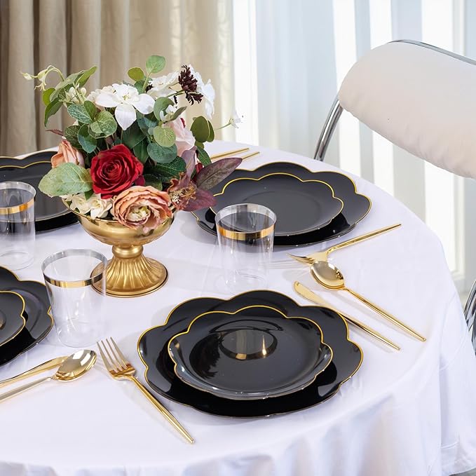 EI 180pcs Black Plastic Plates with Gold Plastic Silverware,Black and Gold Plates Disposable,Heavy Duty Plate for Party,Wedding,Anniversary,Spring Afternoon Tea Business Event