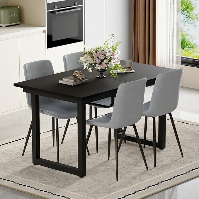 Extendable Dining Table Set for 8, 55"–71" Modern Black Kitchen Table with 8 Upholstered Chairs, Space-Saving for Living Room Apartment, Sturdy & Comfortable, Easy Assembly