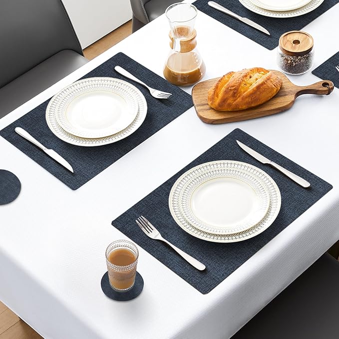 MOSAYT Placemats Set of 4, Heat Resistant Vinyl Place Mats with Coasters, 100% Waterproof Wipeable Washable Faux Leather Table Mats for Kitchen Dining Party Outdoor, 12" x 17", Navy Blue