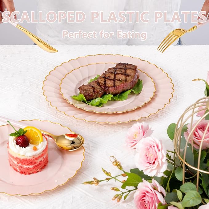 Ciaell 175 PCS Pink Scalloped Plastic Plates with Gold Trim - Pink Plastic Silverware with Handle - Fancy High-End Dinnerware Sets for Wedding & Baby Showers & Party & Valentine's Day