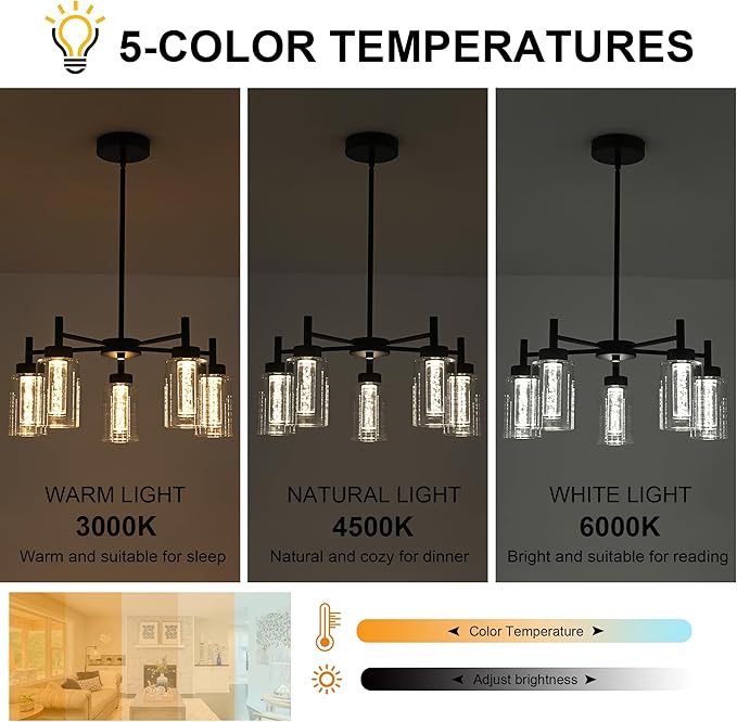 VINLUZ 5 Light LED Modern Pendant Lights, Classic Black Chandelier with Crystal Bubble Clear Glass Shade Indoor Kitchen Island Lights Fixtures for Dining Room Cafe Bar