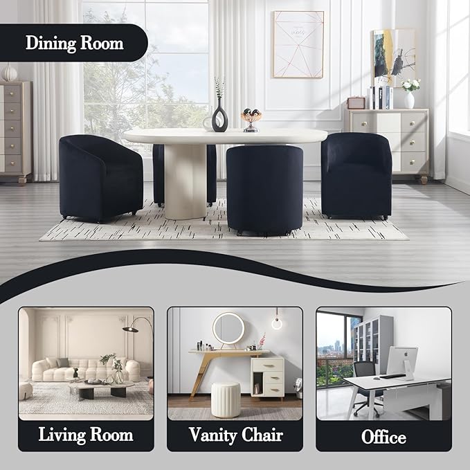 Modern Barrel Dining Chairs with Rolling Casters Set of 6, Upholstered Velvet Swivel Dining Room Chairs with Wheels for Kitchen Living Room Home Office, Black