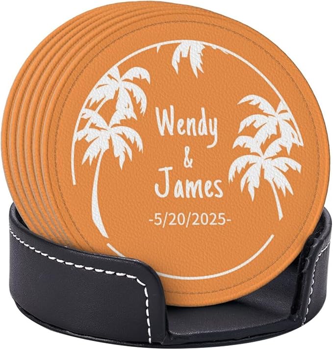 Personalized Drink Coasters, Customized Coasters Set of 6, Custom Coster 6 Pack with Name and Date, Gift for Christmas/Valentine’s Day/Wedding, Luxury Leather Gift Set, Custom Gift Bar Counter