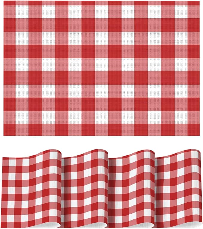 Artoid Mode Buffalo Plaid Vinyl Placemats Set of 4, 12x18 Inch Washable Non-Slip Heat Resistant Plastic Place Mats for Party Dining Table, Red/White
