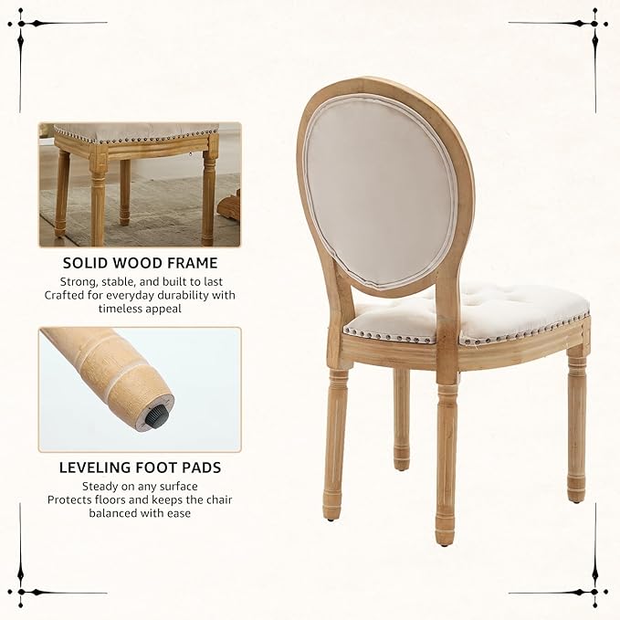 Vintage French Dining Chairs Set of 6, Round Back Velvet Upholstered Accent Chairs with Nailhead Trim and Solid Wood Frame, Elegant Sillas de Comedor for Dining Room & Kitchen, Beige