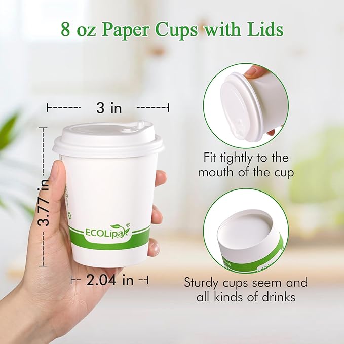 ECOLipak 200 Count 8 oz Compostable Paper Coffee Cups, Biodegradable Disposable Coffee Cups with CPLA Lid, Eco-friendly Hot Drinking Cups for Parties, Picnics, Travels,and Events
