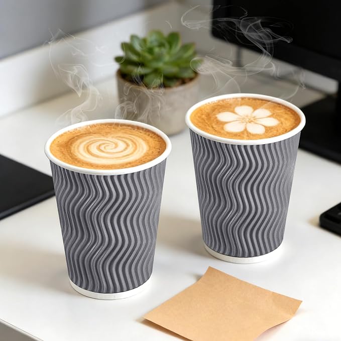 50 Pack 12 oz Coffee Cups with Lids, Disposable Insulated Hot Cups To Go Paper Coffee Cups, Corrugated Ripple Wall Cup for Hot Drink, Office, Coffee Bar (Grey 12 oz)