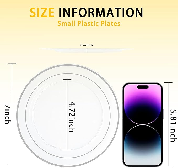 I00000 60PCS Clear and Silver Disposable Plates,Clear Plates with Silver Rim 7 Inch,Heavy Duty Plastic for Wedding Birthdays Party