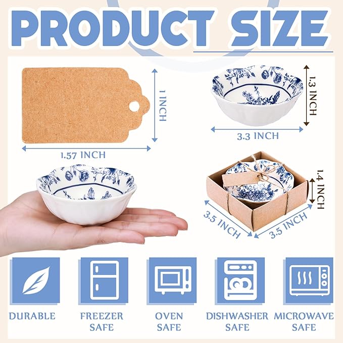 48 Pcs Wedding Favors for Guests Small Ceramic Bowl Bulk Gifts Set 3.3 Inch Floral Design Mini Dipping Sauce Dish with Card Box for Bridal Pooja Baby Shower Birthday Guest Gift (Blue)