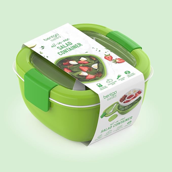 Bentgo Salad Container - 54 oz Bowl with 4-Compartment Toppings Tray, Leak-Proof Dressing Container, Reusable Fork, BPA-Free Lunch Box for Meal Prep & Food Storage; Removable Bento Tray (Green)