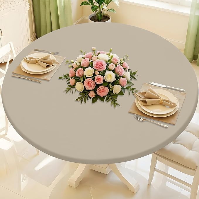 Round Spandex Tablecloth, Elastic Fitted Waterproof Tablecloths for 57"-68" Tables, Stretch Washable Picnic Table Cover for Camping, Dining, Indoor and Outdoor, Taupe