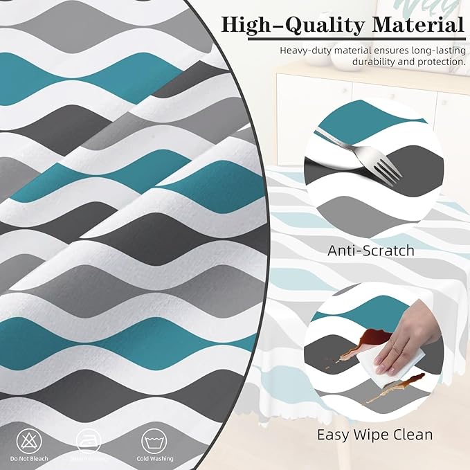 Laeacco 36 Inch Geometric Round Tablecloth Blue and Grey Waved Stripes Modern Abstract Art Print Table Cloth Washable Waterproof Wrinkle Free Table Cover for Kitchen Dining Picnic Party Decoration