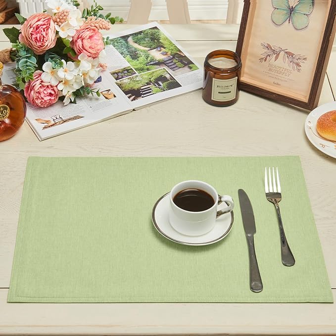 Cloth Place Mats Set of 8–Reusable Rectangular Waterproof Fabric Polyester Washable Wipeable Heat Resistant Linen for Kitchen Dining Dinner Restaurant Wedding Table(Mint Green/13x19 Inch)