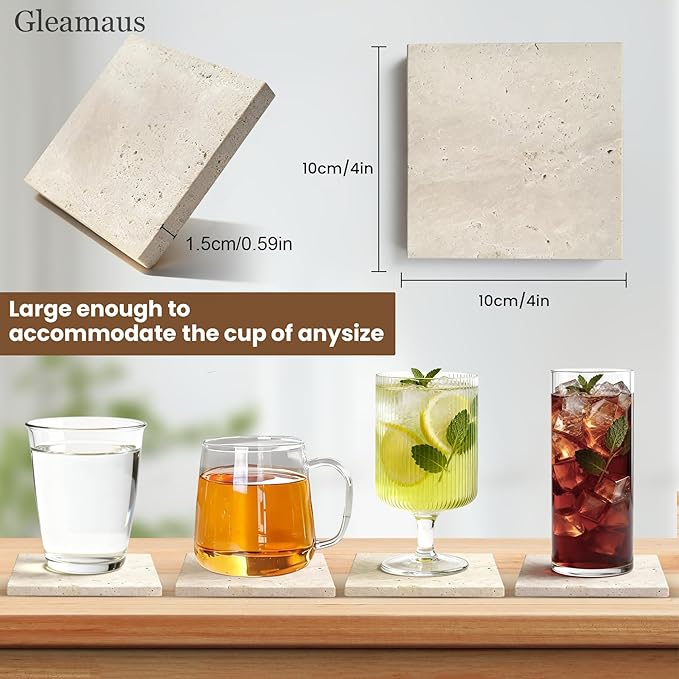 Natural Marble Coasters, Square Costers, Luxury Aesthetic Modern Decor for Coffee Table Bar Kitchen Home, Travertine Marble, Real Natural Semi Absorbent Stone Coasters