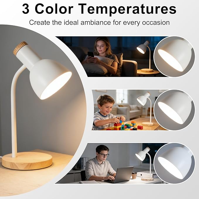 WLHONG LED Desk Lamp, Modern Table Lamps 3 Color Modes, Eye-Caring Reading Light, Desk Light with Adjustable Flexible Gooseneck, Study Lamp for Kids Audlt Bedside Dorm Room Essentials (White)