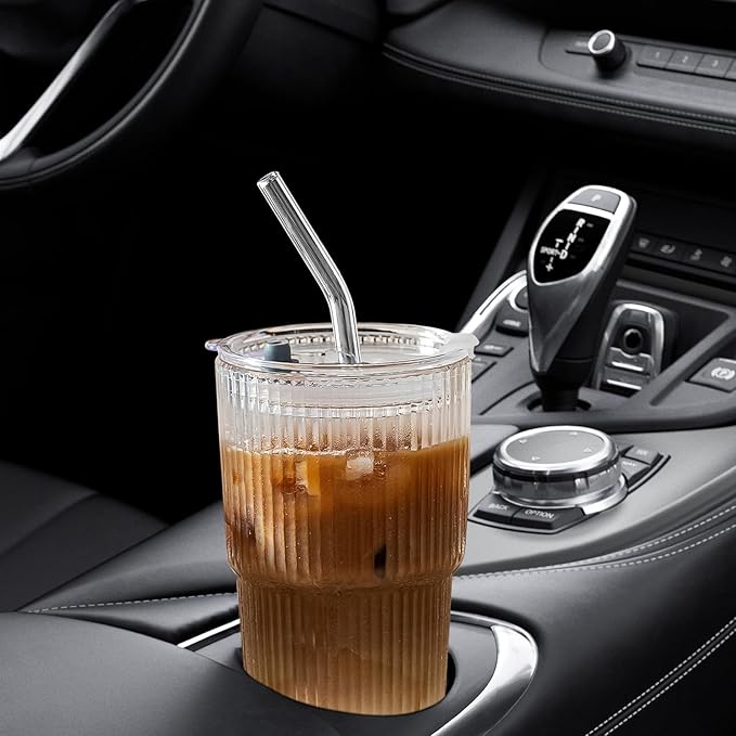 Glass Cups with Lids and Straws - 18oz Glass Tumbler with Straw and Lid, Premium Coffee Cups for Tea, Iced Coffee, Smoothie，Ideal Gift for Home, Office, Coffee Shop Use, 2 Pack