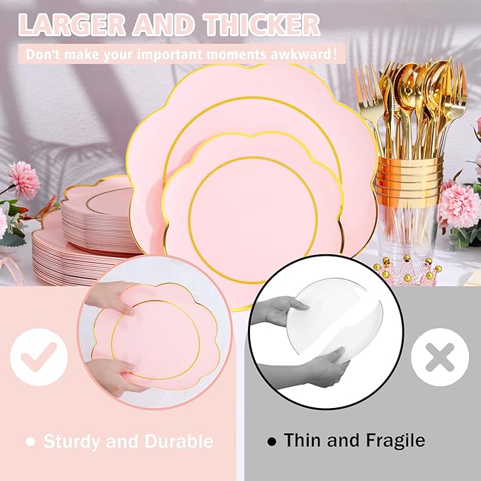 EI 180pcs Pink Plastic Plates with Gold Plastic Silverware,Heavy-Duty Disposable Plates for Party,White Dinnerware Set for 30 Guest Wedding,Birthday,Valentine's Day