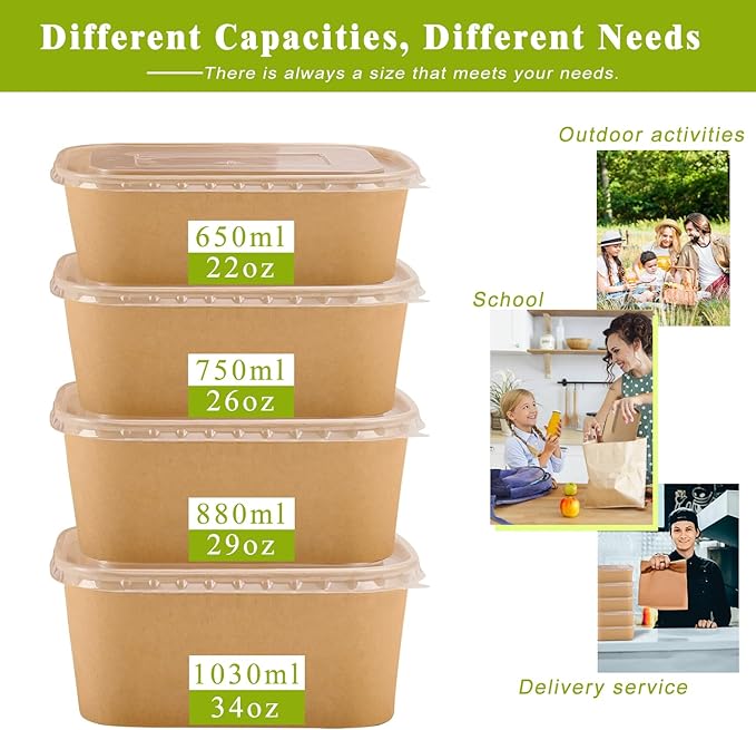50-Pack 34oz Kraft Paper Bowls Disposable with Lids and Wooden Forks, Disposable Meal Prep Containers Paper Food Prep Containers with Lids, To Go Container for Hot Soup/Salad, Freezer & Microwave Safe