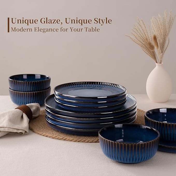 Famiware Starlight Plates and Bowls Dishes Set of 8 (24 Pieces), Ribbed Textured Stoneware Dinnerware Sets- Dishwasher & Microwave Safe, Chip & Scratch Resistant, Starry Blue