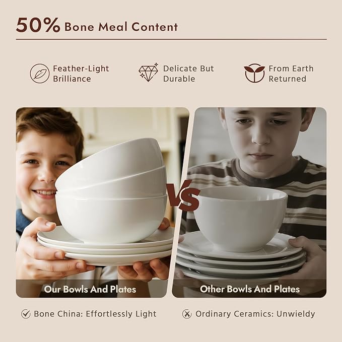 KINGSTONE 6-Piece Bone China Dinnerware Set for 2, Lightweight and Durable, Microwave and Dishwasher Safe, White Plates and Bowls for Everyday Use