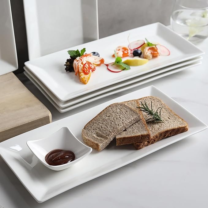Rectangular Serving Platter Set, 12 Inch Large Serving Plates, Stackable Serving Tray for Wedding, Ceramic White Serving Platters for Entertaining, Dishwasher & Oven Safe, Gift for Housewarming (4PCS)