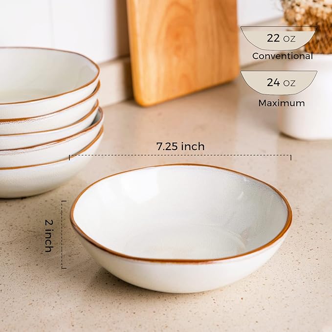 AmorArc Ceramic Cereal Bowls Set of 6, 24 oz Handmade Stoneware Bowls Set for Cereal Soup Salad Bread, Stylish Kitchen Bowls for Meal, Dishwasher & Microwave Safe, Reactive-Pearl White