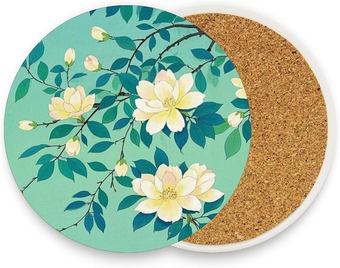 Coasters for Drinks Coaster Drink Set Decorative Coffee Table Desk Cup Mat Spring Cute Cork Bar Backing Round Home Decor Flowers Leaves Light Green27