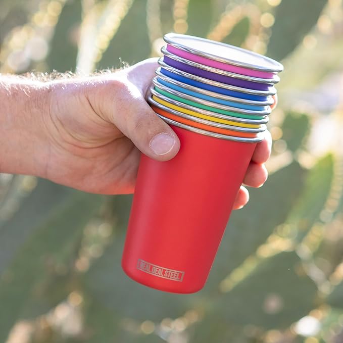 Real Deal Steel Rainbow Cups 16 oz Pint Cups, Stackable Tumblerrs, Eco Friendly Premium Metal Drinking Glasses