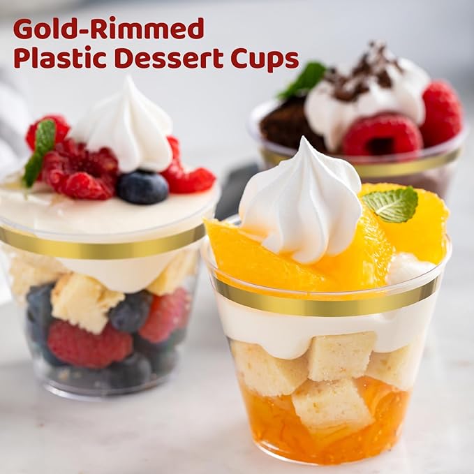Jinei 50 Sets 9 oz Plastic Dessert Cups with Dome Lids Spoons Gold Rimmed Clear Disposable Plastic Fruit Cups with Lids for Yogurt Parfait Pudding Cupcake Ice Cream Party Wedding Reception