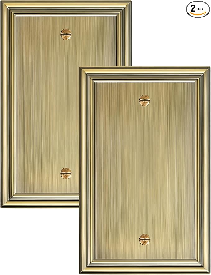 2-Pack Single Blank Wall Plates, Durable Solid Zinc Alloy Blank Outlet Covers, Decorative Antique Brass Wall Plate Cover for Unused Outlets/Switches, Corrosion Resistant