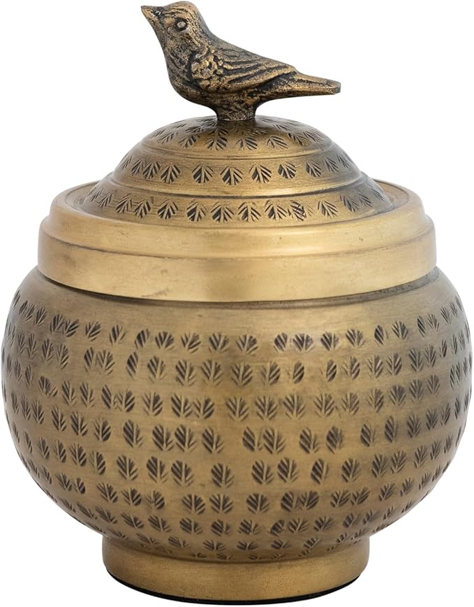 Round Hammered Metal Container with Bird Finial, Brass Finish