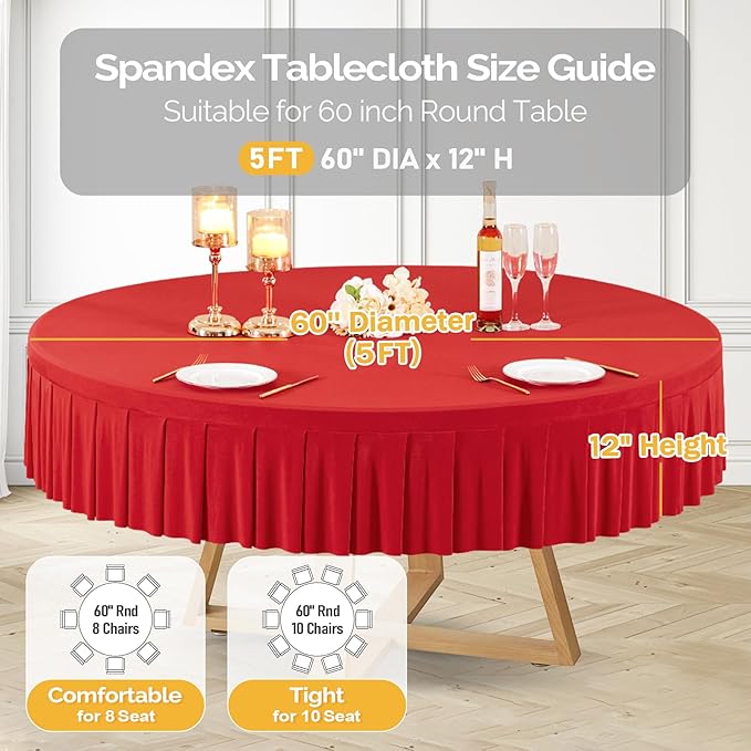 8 Pack Red Spandex Round Tablecloths for 60 inch Table, Stretchy Fitted 5FT Table Cloths with Wrinkle Free Skirt for Wedding Party Dining Banquet