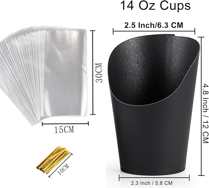 Disposable Charcuterie Cups 60 PCS with 200PCS Sticks and 60PCS Bags, 14 oz Kraft Paper Snack Boxes Appetizers Cup French Fry Holder with Cocktail Skewers Toothpicks Tooth Picks, Black