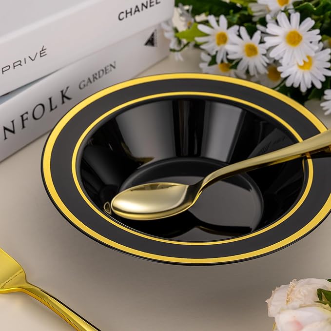 50 Pack Black Disposable Soup Bowls with Gold Rim,12oz Disposable Soup Bowls,Disposable Soup Dessert Salad Bowls for Wedding/Party/Catered Events