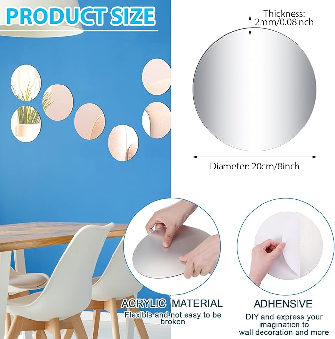 Cindeer Set of 24 Acrylic Round Mirror Plate Circle Mirror Trays Wedding Baby Shower Party Centerpieces for Tables Self Adhesive Non Glass Stickers for Home or Wall Candle Crafts Decor(8 Inch)