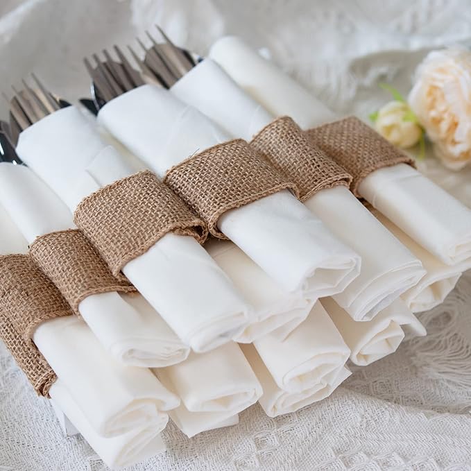 50pcs Disposable Napkin Rings Burlap Napkin Rings with Wired Edge Rope Napkin Ties for Country Wedding Decorations Party Dinner Table Decorations