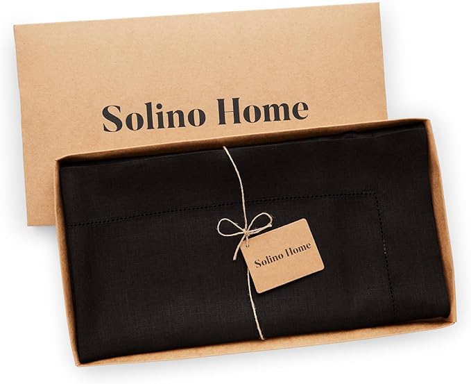 Solino Home Black Linen Tablecloth 52 x 52 Inch - 100% Pure Linen Square Table Throw - Classic Hemstitch, Machine Washable Table Cloth for Winter, Spring, Easter