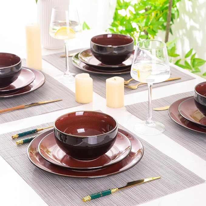LeRatio Ceramic Dinnerware Sets for 6,Stoneware Plates and Bowls Sets,Handmade Reactive Glaze Dishes Set,Chip Resistant and Scratch Resistant | Oven&Dishwasher & Microwave Safe,Service for 6-Red