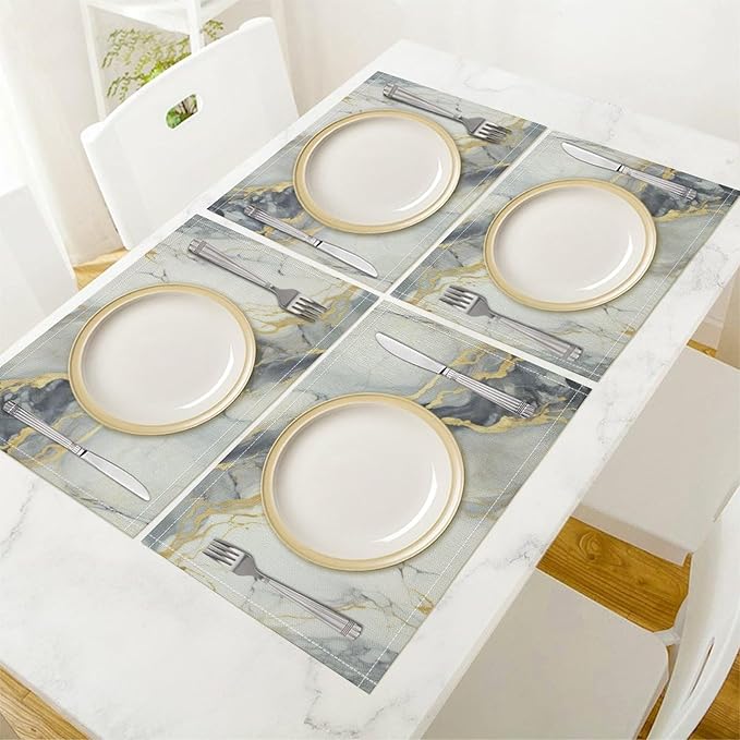 Marble Linen Place Mats Set of 4, 12x17 Inch Modern Abstract Foil Texture White Grey Gold Marble Washable Fabric Non-Slip Placemats for Home Dining Table Banquets Party Kitchen Decoration