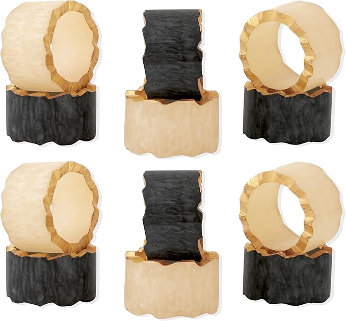 ALPHA Living HOME Epoxy Resin Napkin Rings - 12 Pieces Farmhouse Napkin Rings Holder for Wedding, Banquet, Adornment for Table Settings, Boho Style for Dining Table, Wedding (Black & Cream)