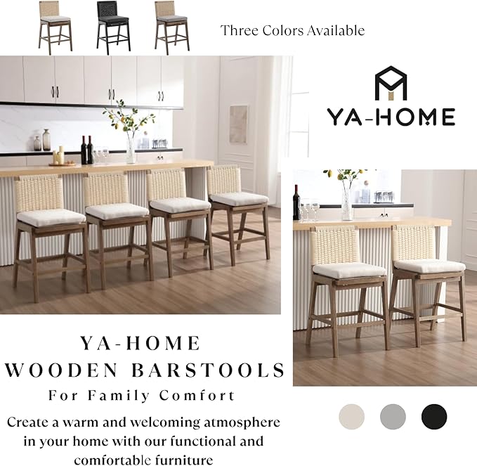 Counter Height Bar Stools Set of 2, 27” Linen Fabric Upholstered Counter Stools with Back, Modern Woven Barstools Mid Century Farmhouse Wooden Bar Chairs for Kitchen Island Dining Room, Beige