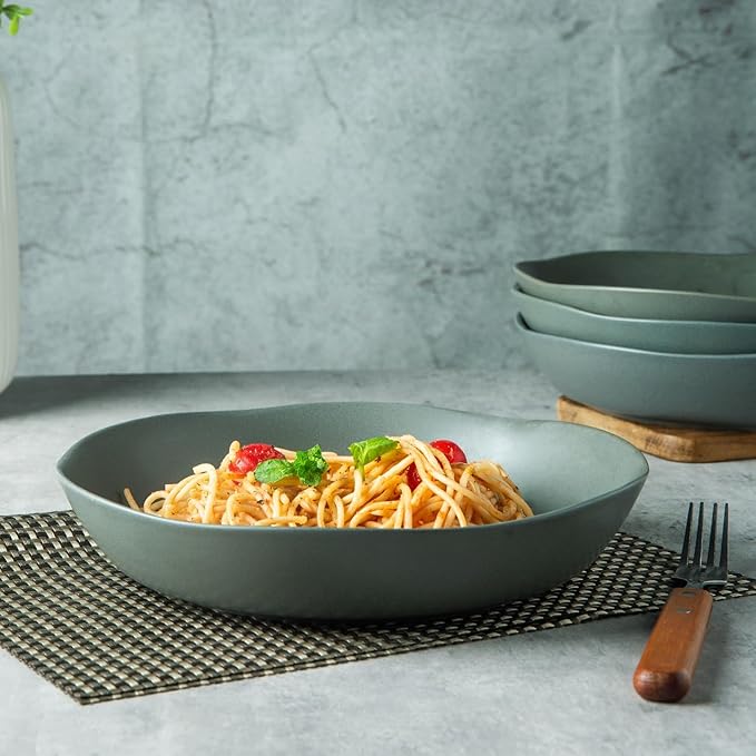 AmorArc 9.75'' Large Ceramic Pasta Bowls, 38oz Stoneware Serving Bowls Set of 6 for Kitchen, Oven, Microwave&Dishwasher Safe Bowls with Wavy Rim for Fruit Pasta Salad Meal, Reactive Glaze