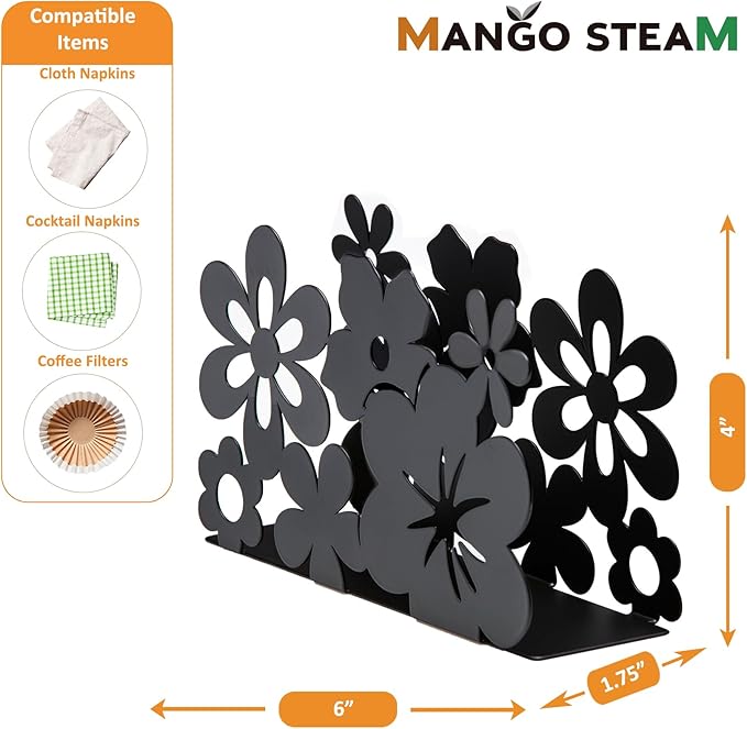 Mango Steam Tabletop Napkin/Tissue & Letter Holder For Home, Kitchen, Restaurants (Flower, Black)