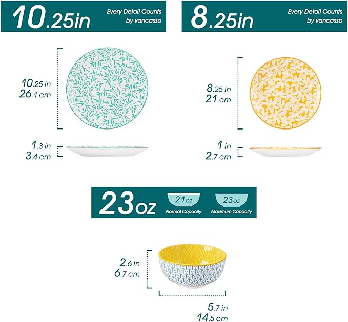 vancasso SELENE Plates and Bowls Set for 6, 18 Pieces Dinnerware Sets, Mircowave and Dishwasher Safe Dishes Set, Porcelain Pastel Dinnerware