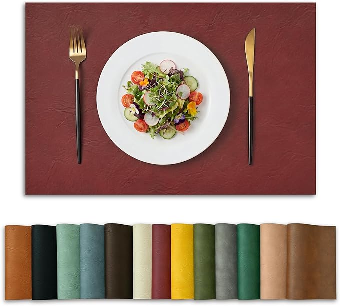 Artoid Mode Red Faux Leather Placemats Set of 4, 12x18 Inch Waterproof Wipeable Heat Resistant Vinyl Place Mats, Reversible Table Mats for Christmas Kitchen Dining Decor