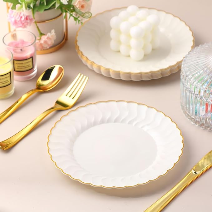 Mifoci 150 Pcs 7.5 Inch Ivory with Gold Rim Plastic Disposable Plates Bulk Salad Dessert Appetizer Cake Plates Elegant Fancy Plastic Tableware for Party Holiday, Wedding, Catering Table Decoration